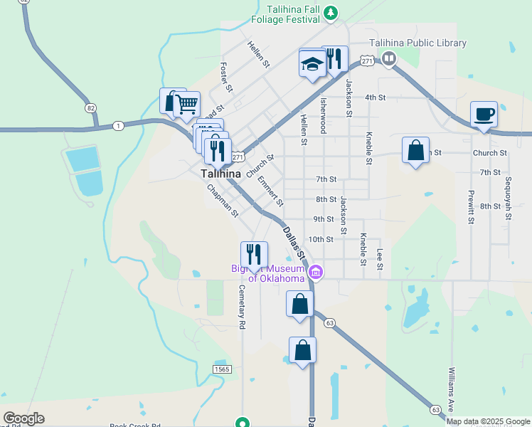 map of restaurants, bars, coffee shops, grocery stores, and more near Oklahoma 63 in Talihina