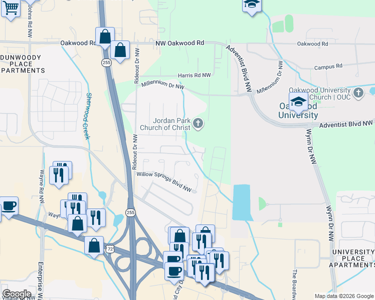 map of restaurants, bars, coffee shops, grocery stores, and more near 1823 Whisperwood Way Northwest in Huntsville