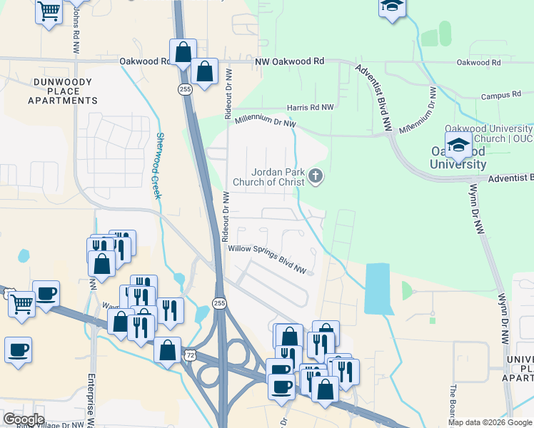map of restaurants, bars, coffee shops, grocery stores, and more near 1810 Countryside Lane Northwest in Huntsville