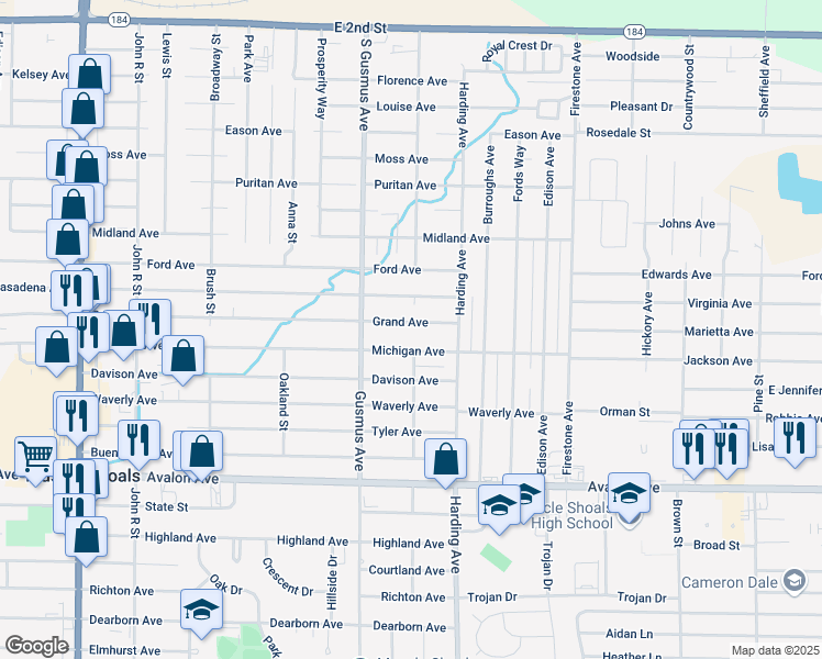 map of restaurants, bars, coffee shops, grocery stores, and more near 1101-1199 Michigan Avenue in Muscle Shoals