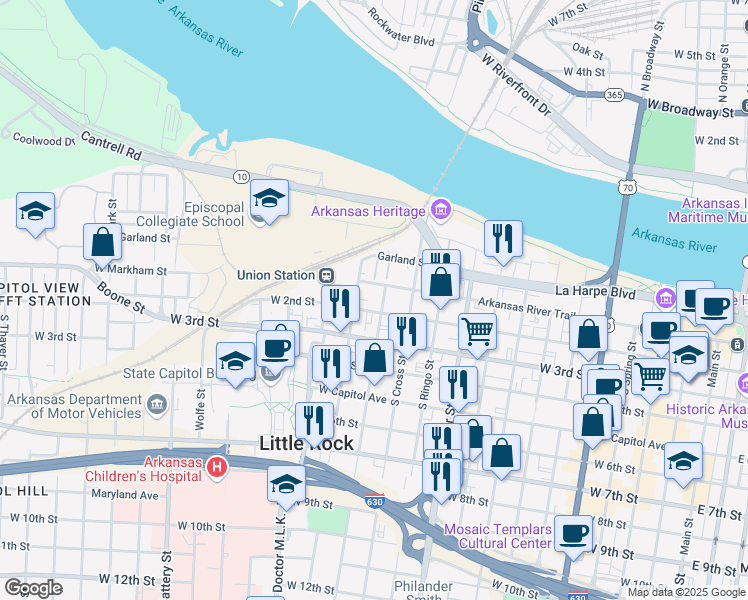 map of restaurants, bars, coffee shops, grocery stores, and more near 1218 West 2nd Street in Little Rock