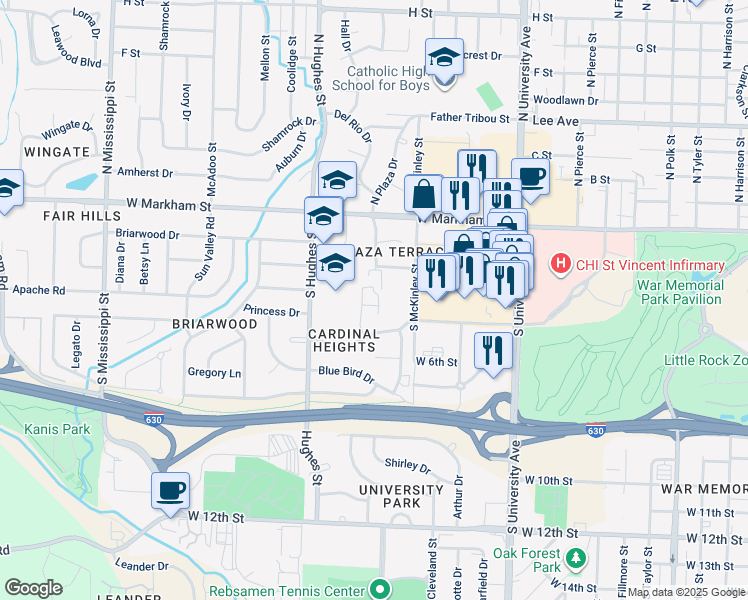 map of restaurants, bars, coffee shops, grocery stores, and more near 419 Bobwhite Drive in Little Rock