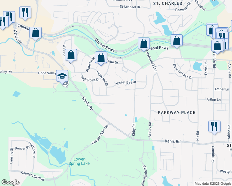 map of restaurants, bars, coffee shops, grocery stores, and more near 50 Summit Ridge Drive in Little Rock