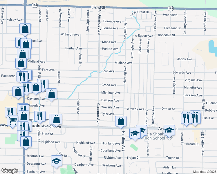 map of restaurants, bars, coffee shops, grocery stores, and more near 1001-1099 Michigan Avenue in Muscle Shoals