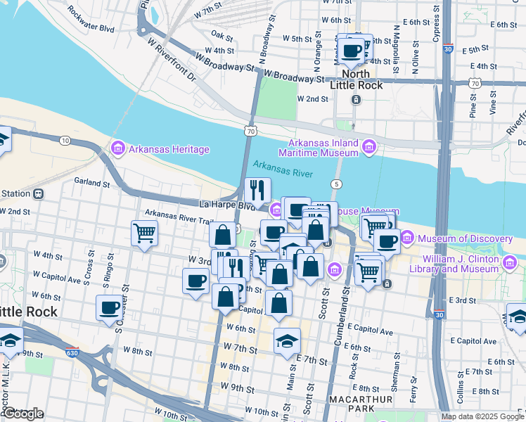 map of restaurants, bars, coffee shops, grocery stores, and more near 5 Statehouse Plaza in Little Rock