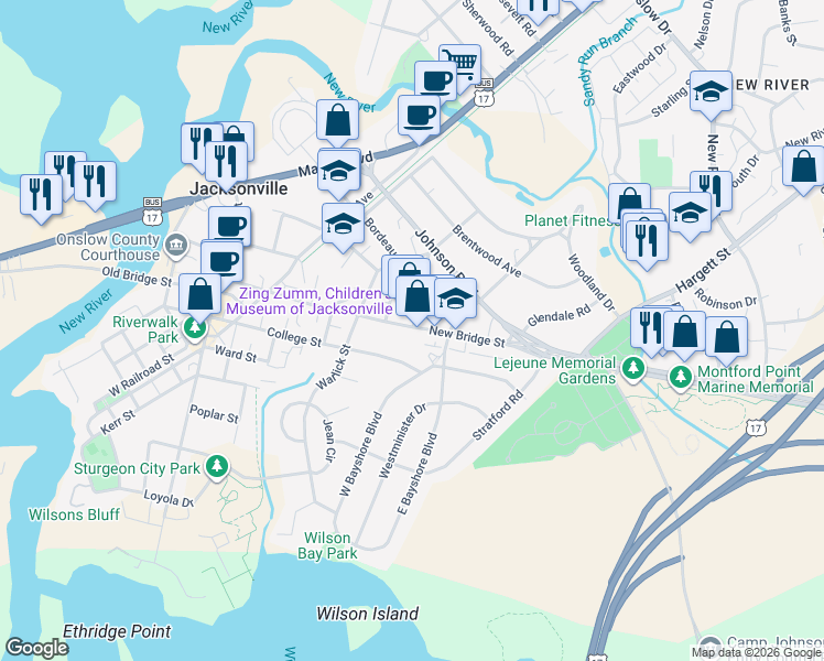 map of restaurants, bars, coffee shops, grocery stores, and more near 300 Huerth Street in Jacksonville