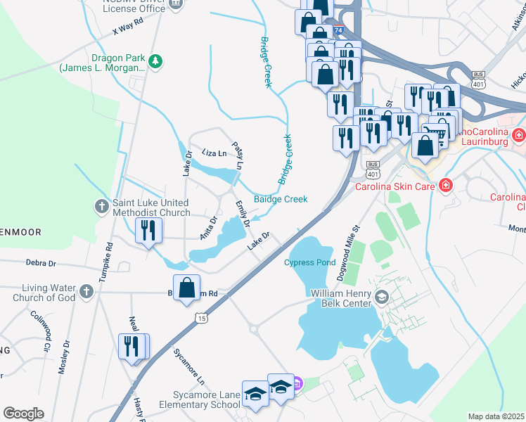 map of restaurants, bars, coffee shops, grocery stores, and more near 1800 Samantha Place in Laurinburg