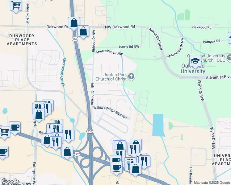 map of restaurants, bars, coffee shops, grocery stores, and more near 6642 Willow Pointe Drive Northwest in Huntsville