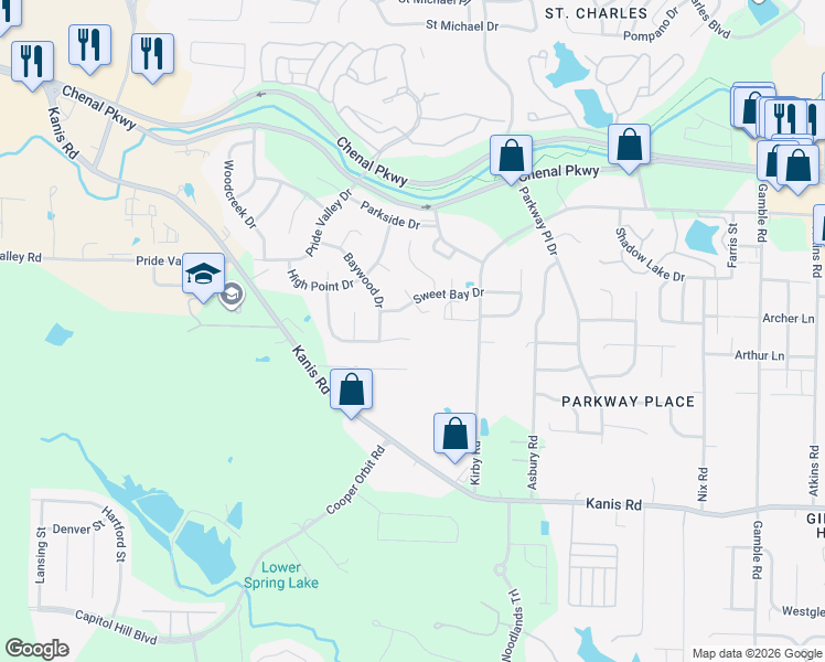 map of restaurants, bars, coffee shops, grocery stores, and more near 50 Summit Ridge Drive in Little Rock