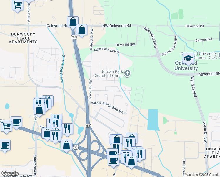 map of restaurants, bars, coffee shops, grocery stores, and more near 6644 Willow Pointe Drive Northwest in Huntsville