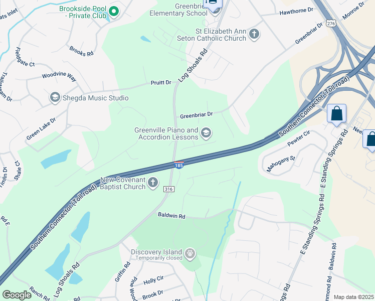 map of restaurants, bars, coffee shops, grocery stores, and more near 27201 Log Shoals Road in Greenville