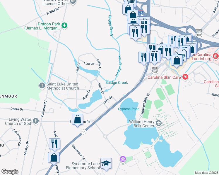 map of restaurants, bars, coffee shops, grocery stores, and more near 1800 Samantha Place in Laurinburg