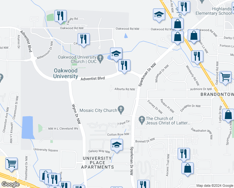 map of restaurants, bars, coffee shops, grocery stores, and more near 1727 Millican Place Northwest in Huntsville