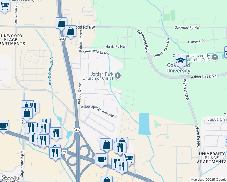 map of restaurants, bars, coffee shops, grocery stores, and more near 1823 Whisperwood Way Northwest in Huntsville