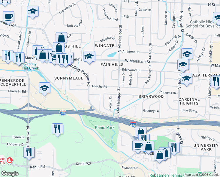 map of restaurants, bars, coffee shops, grocery stores, and more near 7610 Choctaw Road in Little Rock