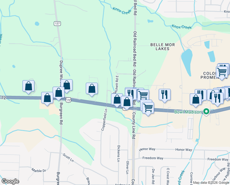 map of restaurants, bars, coffee shops, grocery stores, and more near 13405 Hatchett Road East in Madison