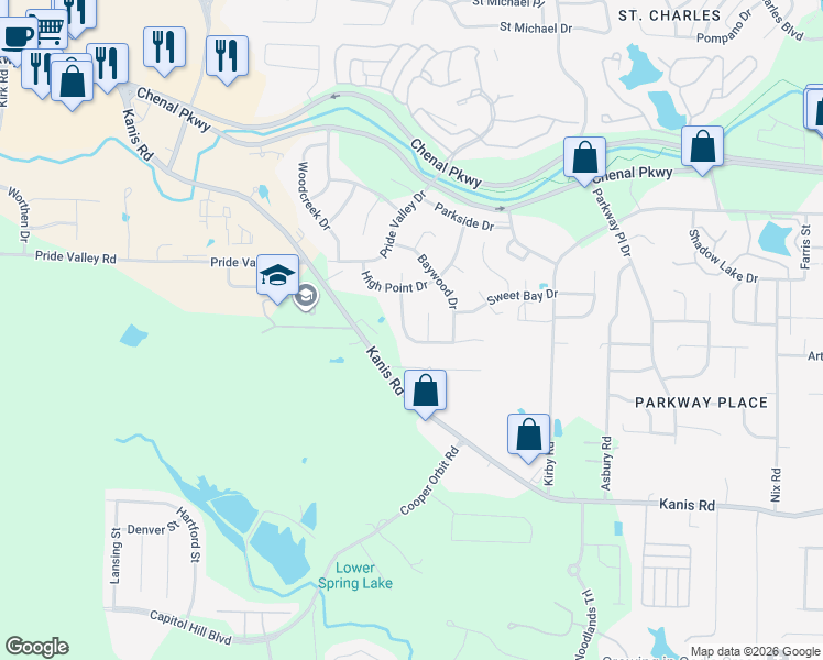 map of restaurants, bars, coffee shops, grocery stores, and more near 24 Summit Ridge Drive in Little Rock