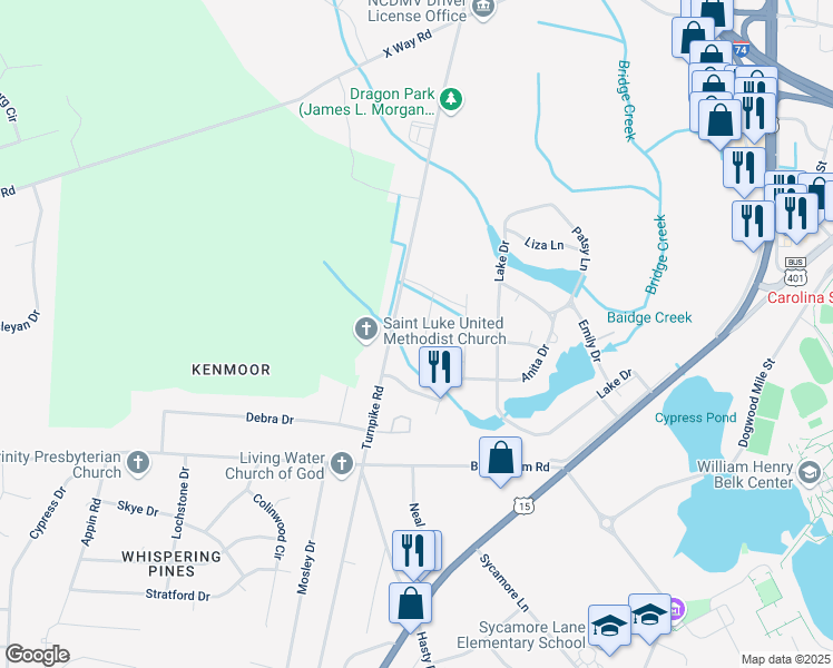 map of restaurants, bars, coffee shops, grocery stores, and more near Farmfield Circle in Laurinburg