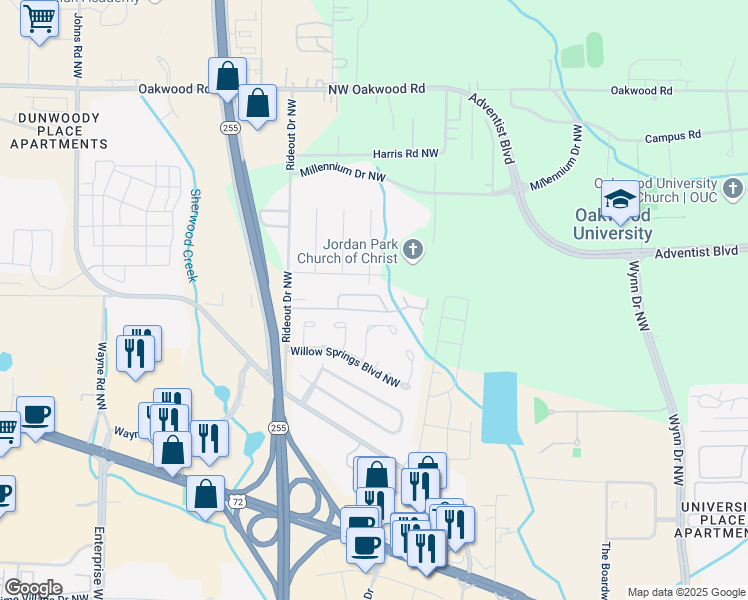 map of restaurants, bars, coffee shops, grocery stores, and more near 1823 Whisperwood Way Northwest in Huntsville