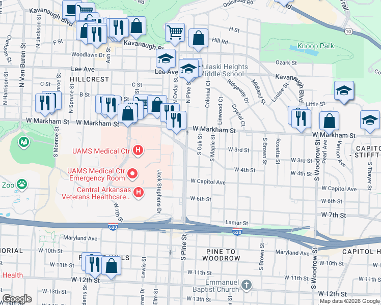 map of restaurants, bars, coffee shops, grocery stores, and more near 317 South Pine Street in Little Rock