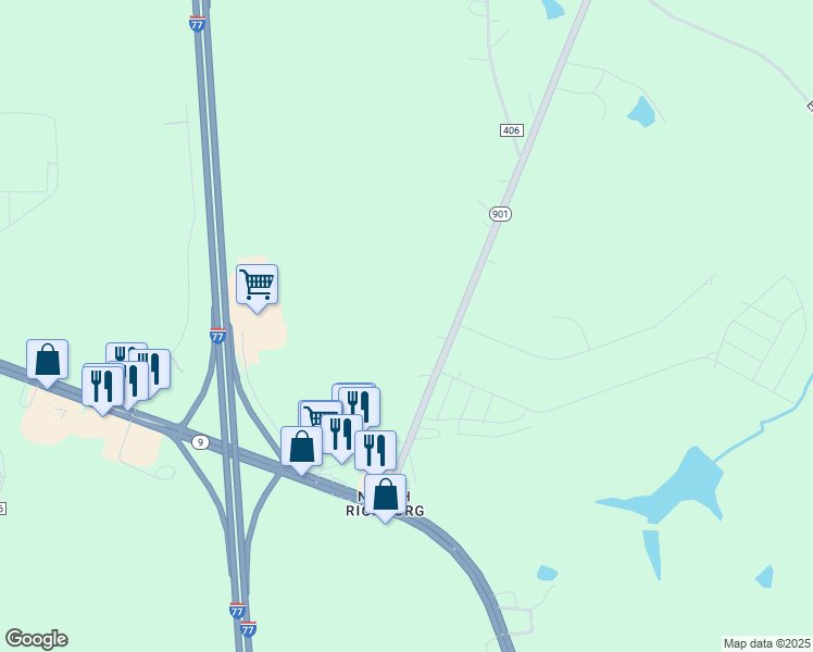 map of restaurants, bars, coffee shops, grocery stores, and more near 3303 Edgeland Road in Richburg