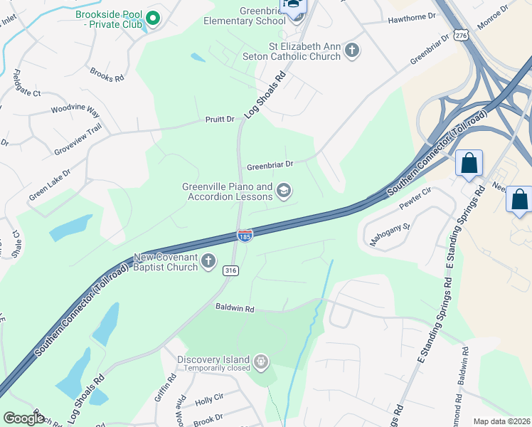 map of restaurants, bars, coffee shops, grocery stores, and more near 680 Log Shoals Road in Greenville