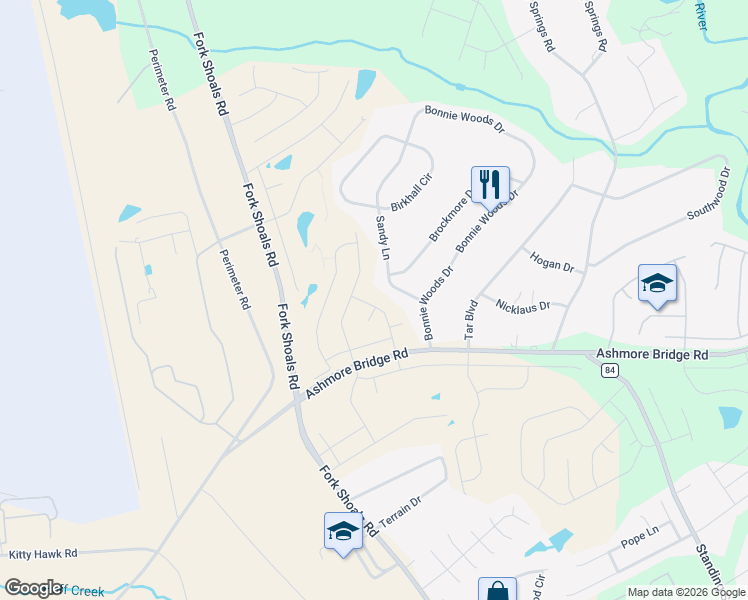map of restaurants, bars, coffee shops, grocery stores, and more near 15 Sandy Lane in Greenville
