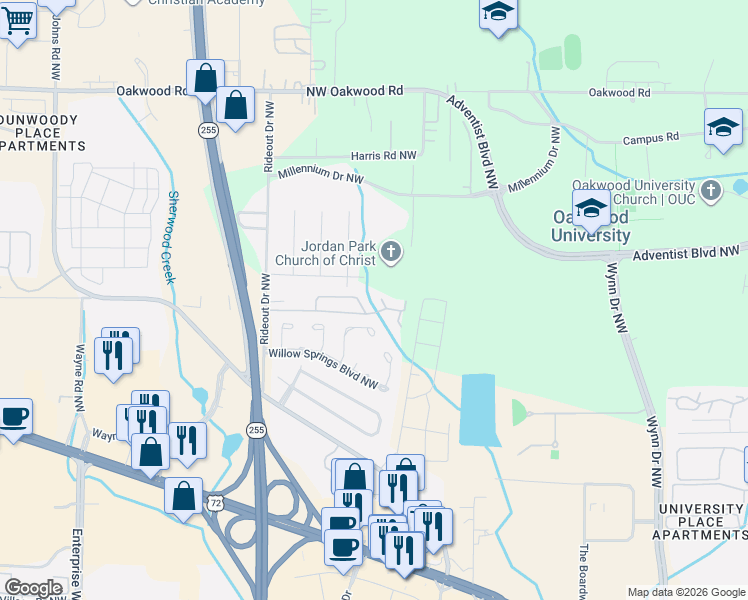 map of restaurants, bars, coffee shops, grocery stores, and more near 1823 Whisperwood Way Northwest in Huntsville