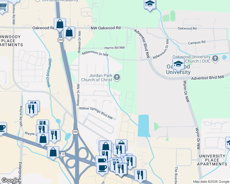 map of restaurants, bars, coffee shops, grocery stores, and more near 6642 Willow Pointe Drive Northwest in Huntsville
