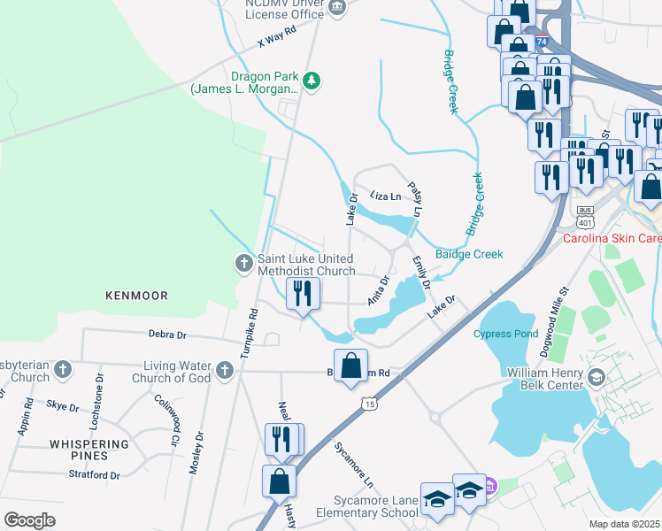 map of restaurants, bars, coffee shops, grocery stores, and more near 205 Kelly Drive in Laurinburg
