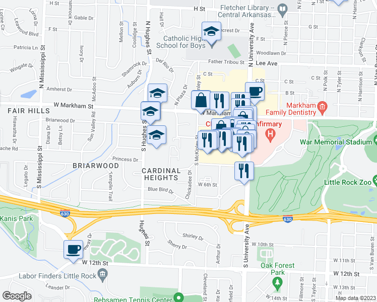 map of restaurants, bars, coffee shops, grocery stores, and more near 2 South McKinley Street in Little Rock