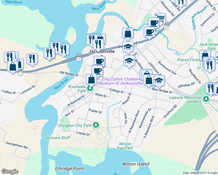 map of restaurants, bars, coffee shops, grocery stores, and more near 421 College Street in Jacksonville