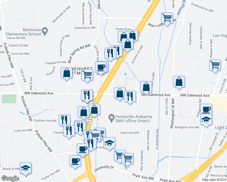 map of restaurants, bars, coffee shops, grocery stores, and more near 1516 Oakwood Avenue Northwest in Huntsville