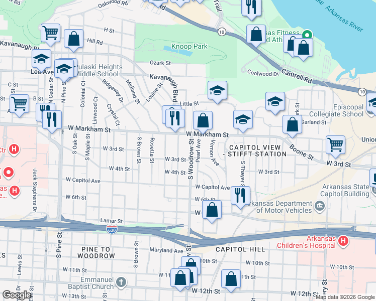 map of restaurants, bars, coffee shops, grocery stores, and more near 122 South Woodrow Street in Little Rock