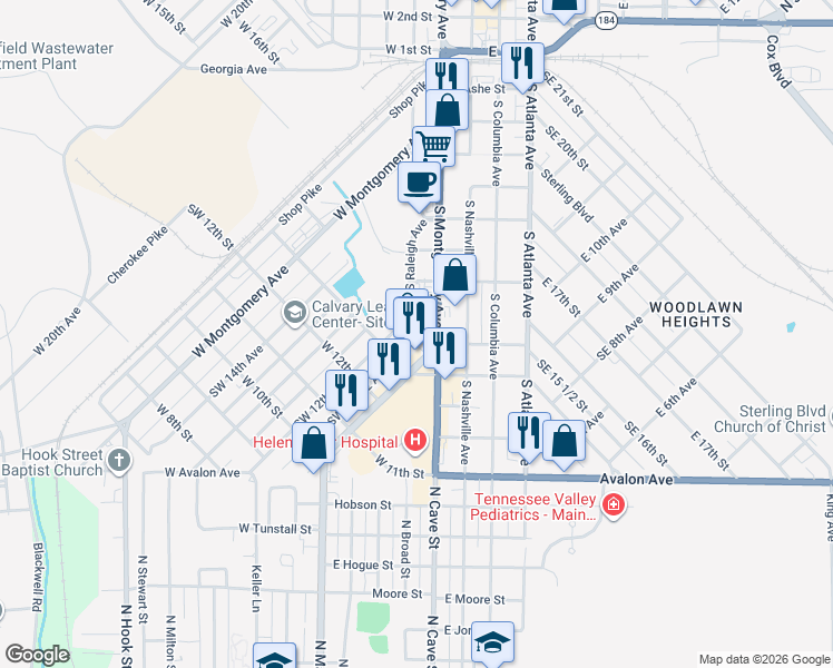 map of restaurants, bars, coffee shops, grocery stores, and more near 100-198 W Morris St in Sheffield