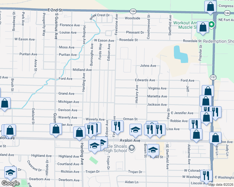 map of restaurants, bars, coffee shops, grocery stores, and more near 1701-1899 Virginia Avenue in Muscle Shoals
