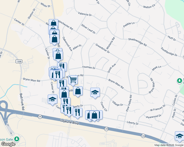 map of restaurants, bars, coffee shops, grocery stores, and more near 413 Thomas Drive in Jacksonville