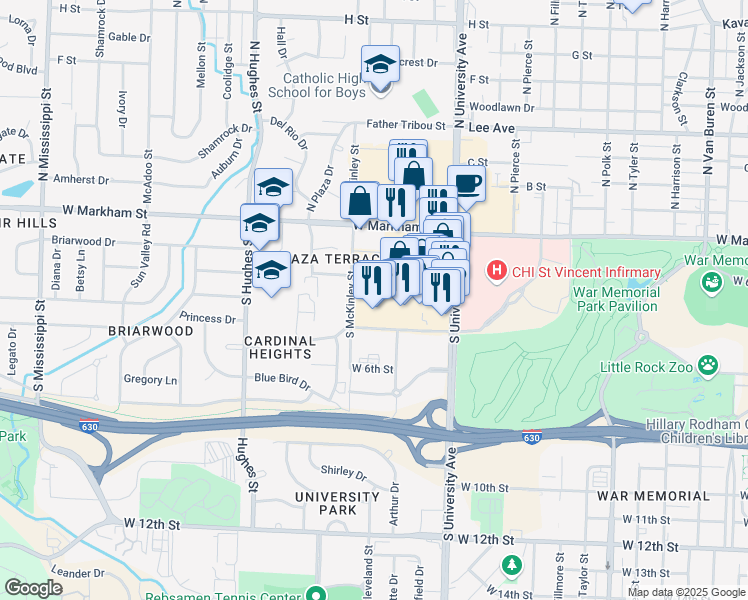 map of restaurants, bars, coffee shops, grocery stores, and more near 420 South University Avenue in Little Rock