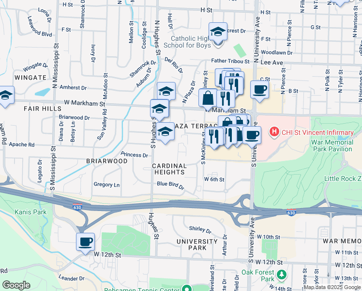 map of restaurants, bars, coffee shops, grocery stores, and more near 419 Bobwhite Drive in Little Rock