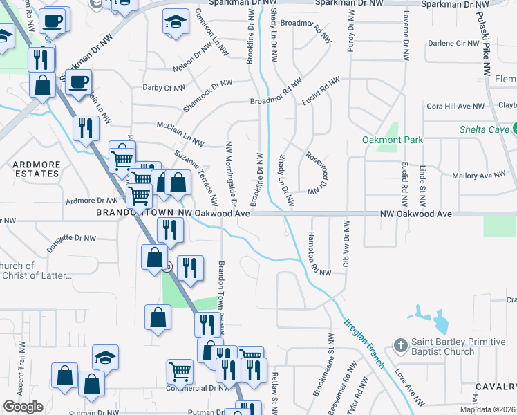 map of restaurants, bars, coffee shops, grocery stores, and more near 2004 Brookline Drive Northwest in Huntsville
