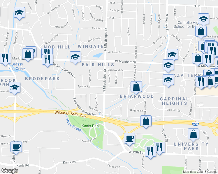 map of restaurants, bars, coffee shops, grocery stores, and more near 7514 Apache Road in Little Rock