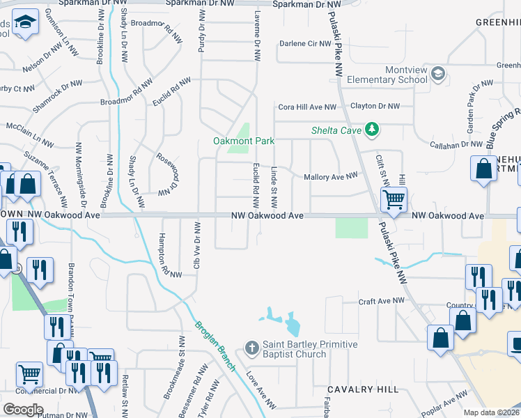 map of restaurants, bars, coffee shops, grocery stores, and more near 2107 Euclid Road Northwest in Huntsville