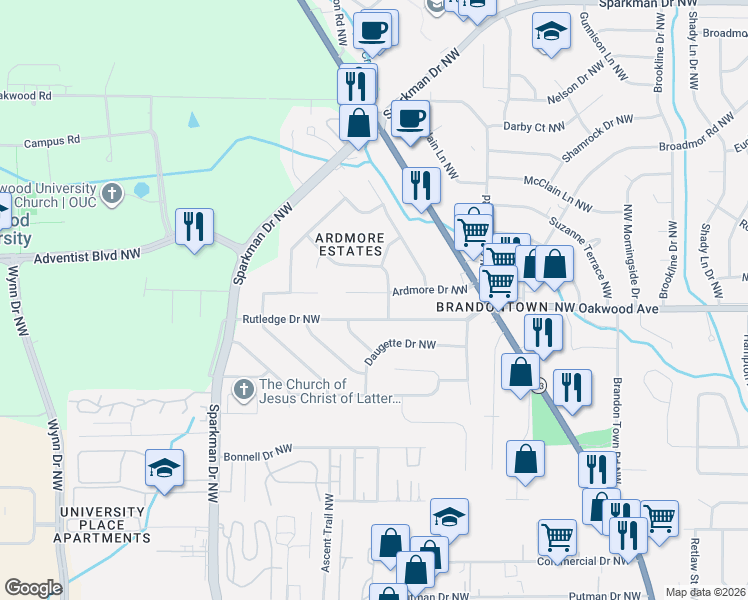 map of restaurants, bars, coffee shops, grocery stores, and more near 4706 Ardmore Drive Northwest in Huntsville