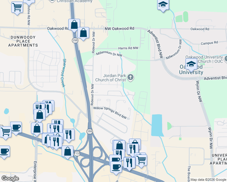 map of restaurants, bars, coffee shops, grocery stores, and more near 6203 Pamela Drive Northwest in Huntsville