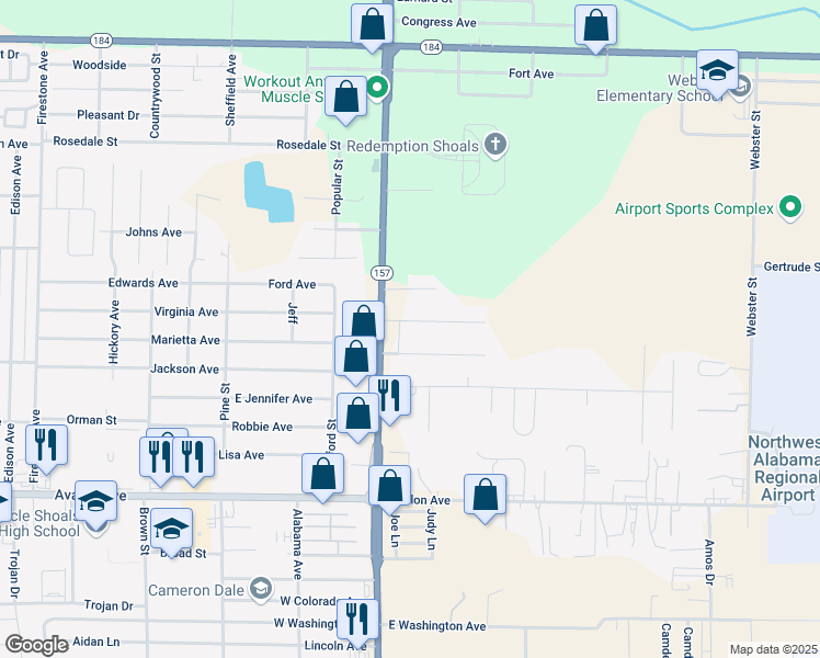 map of restaurants, bars, coffee shops, grocery stores, and more near 103 Elliott Avenue in Muscle Shoals