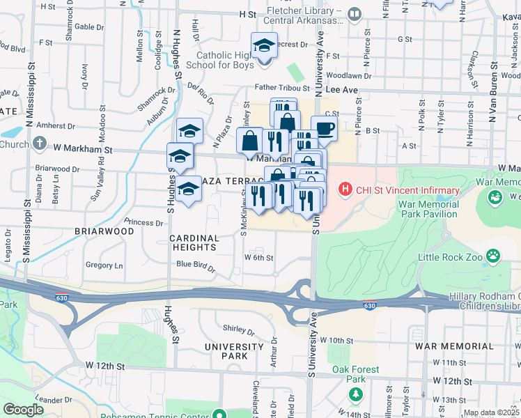 map of restaurants, bars, coffee shops, grocery stores, and more near 420 South University Avenue in Little Rock