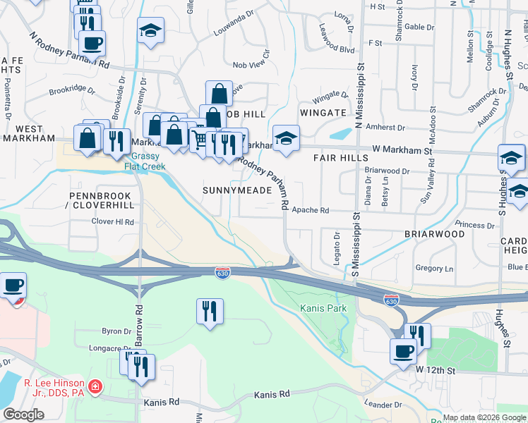 map of restaurants, bars, coffee shops, grocery stores, and more near 300 South Rodney Parham Road in Little Rock