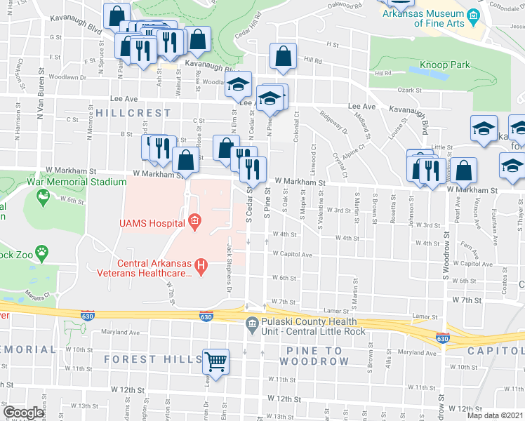 map of restaurants, bars, coffee shops, grocery stores, and more near 204 South Pine Street in Little Rock
