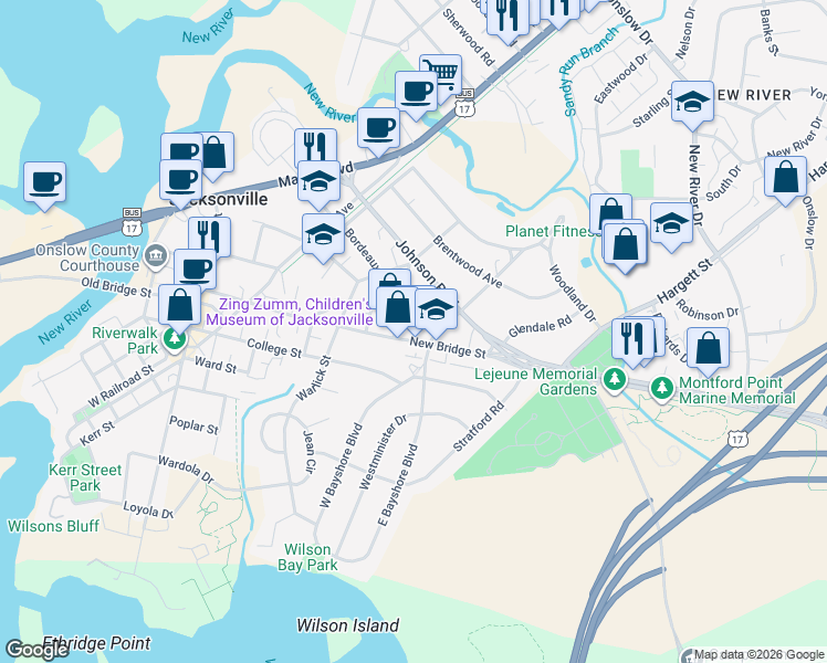 map of restaurants, bars, coffee shops, grocery stores, and more near 300-398 Huerth Street in Jacksonville