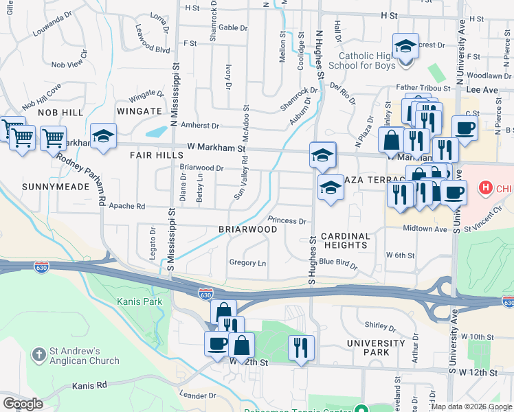 map of restaurants, bars, coffee shops, grocery stores, and more near 7208 Apache Road in Little Rock